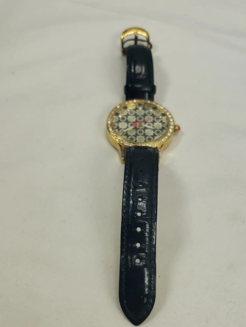 Betsey Johnson Working Rhinestone Black Leather Band Watch